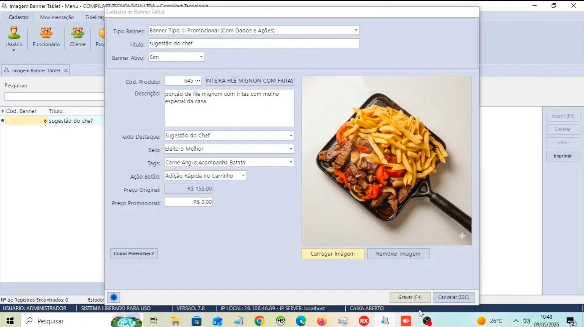 Tela de cadastro de ficha técnica do produto no sistema